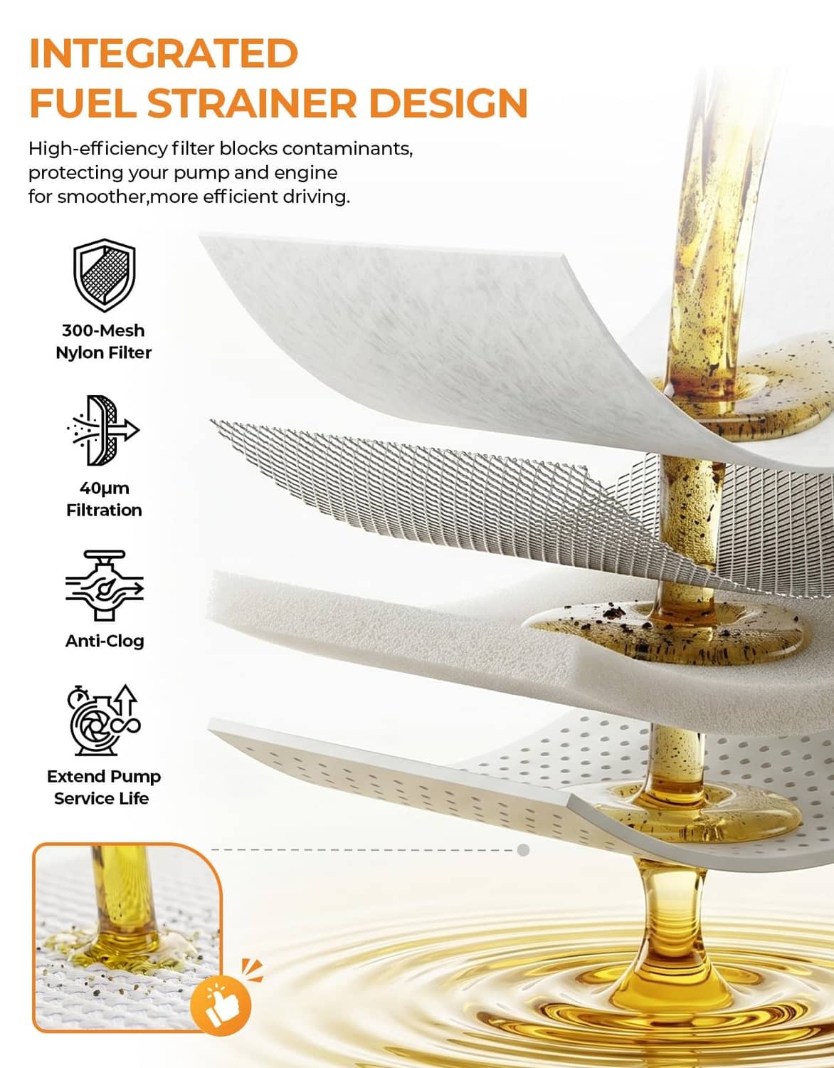 Fuel strainer design with layered nylon filter and anti-clog filtration flow graphic