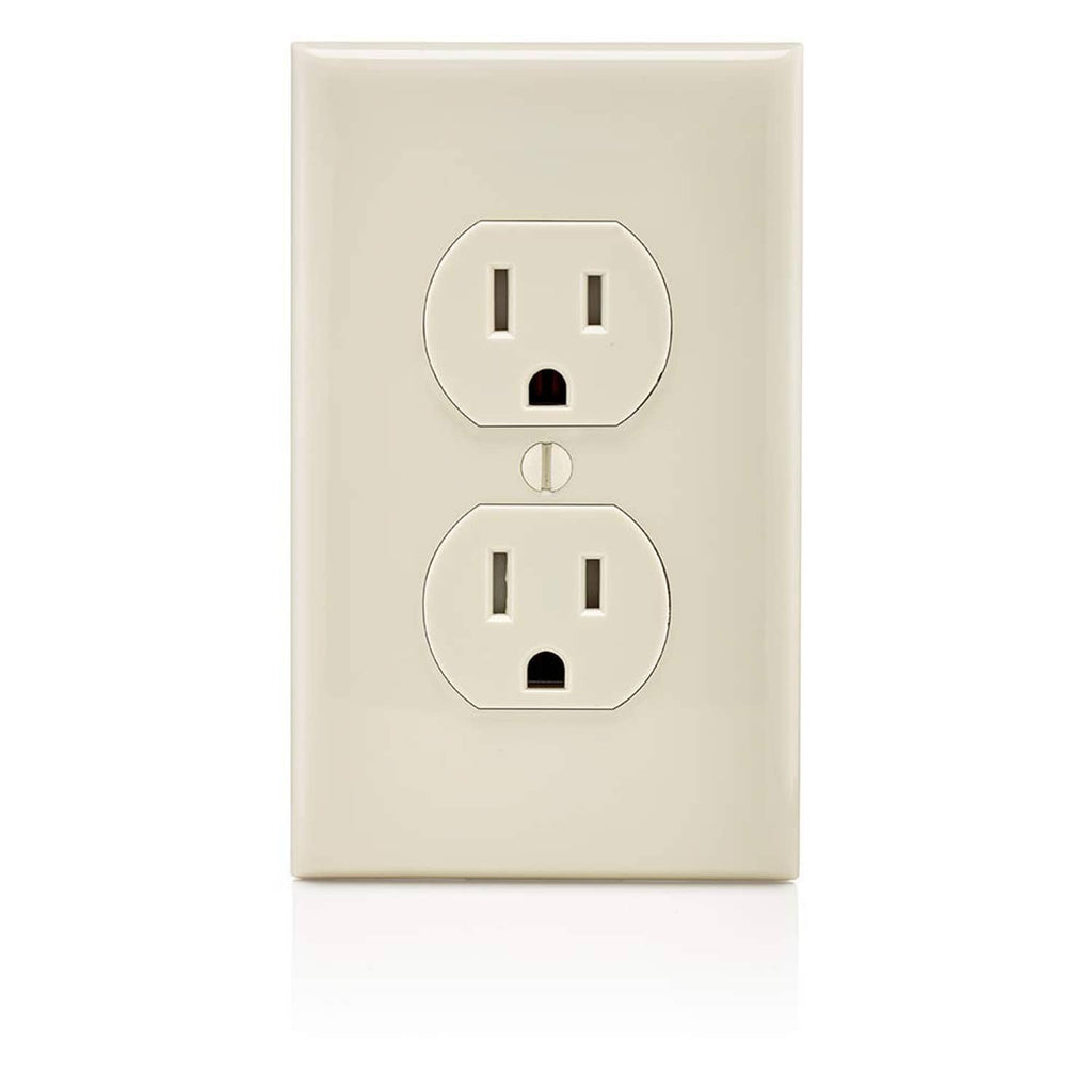 Light almond duplex wall outlet cover with two round receptacles and tamper-resistant shutters