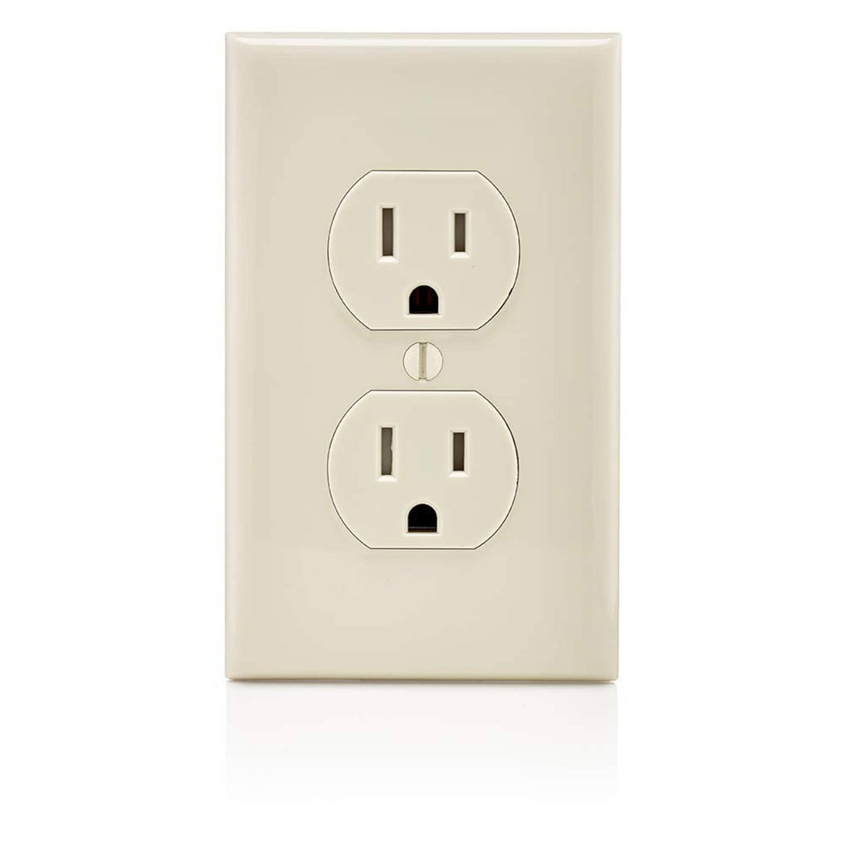 Light almond duplex wall outlet cover with two round receptacles and tamper-resistant shutters