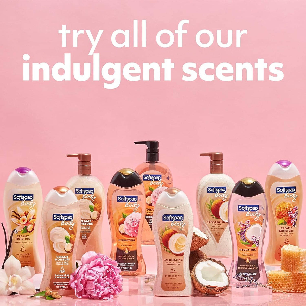 Assorted Softsoap body wash bottles with pumps and squeezable containers