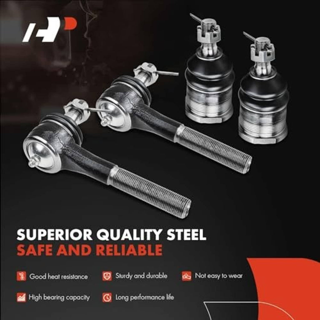 Front suspension tie rod end and ball joint set with black boots and threaded rods