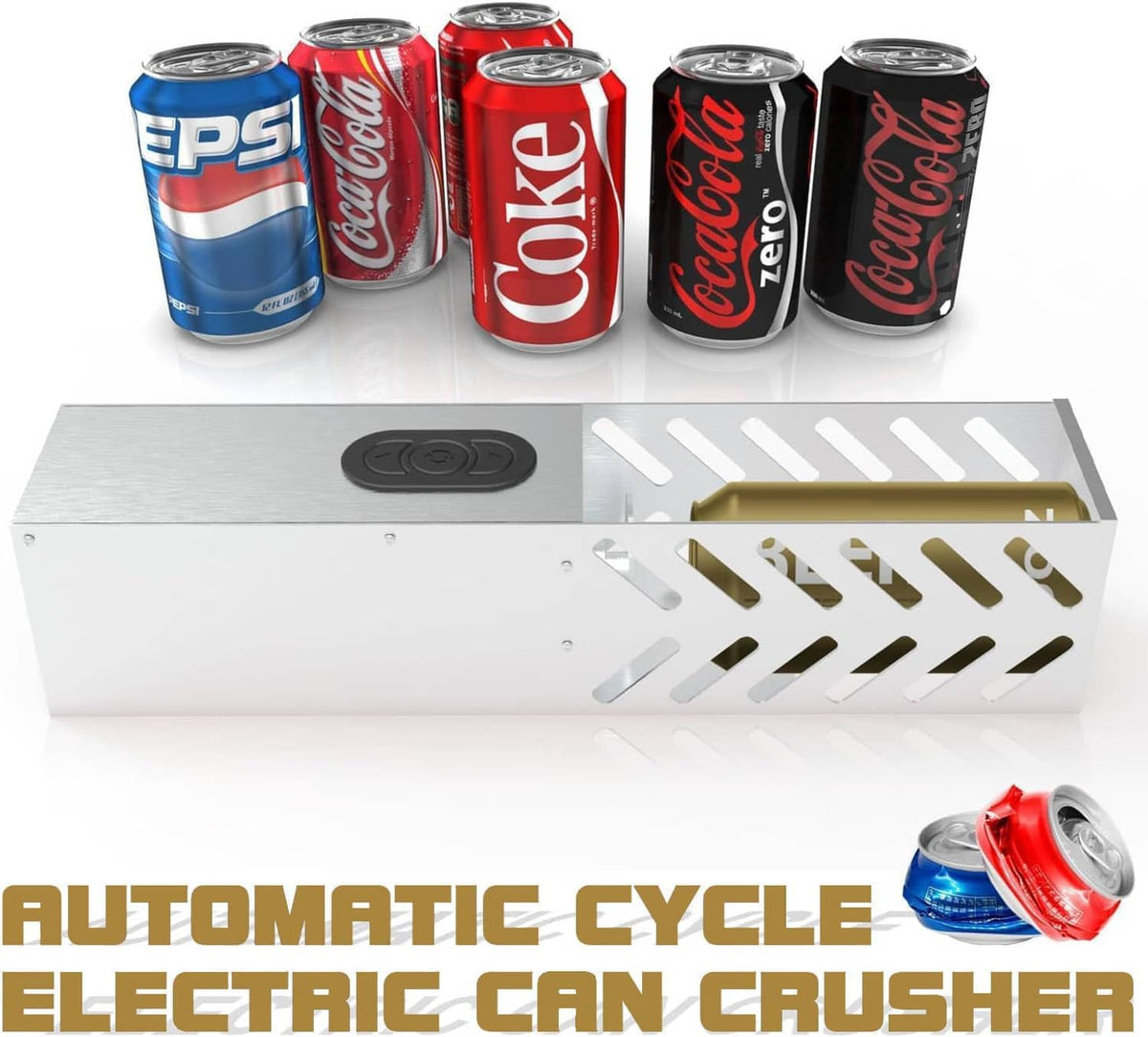 Electric can crusher with brushed stainless steel body and black top control