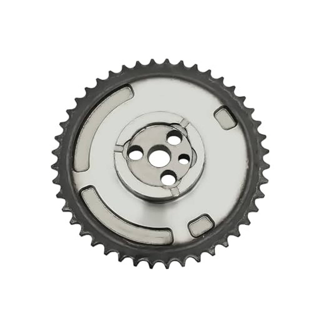 Engine timing camshaft sprocket gear with teeth, curved slots, and 3-bolt center plate