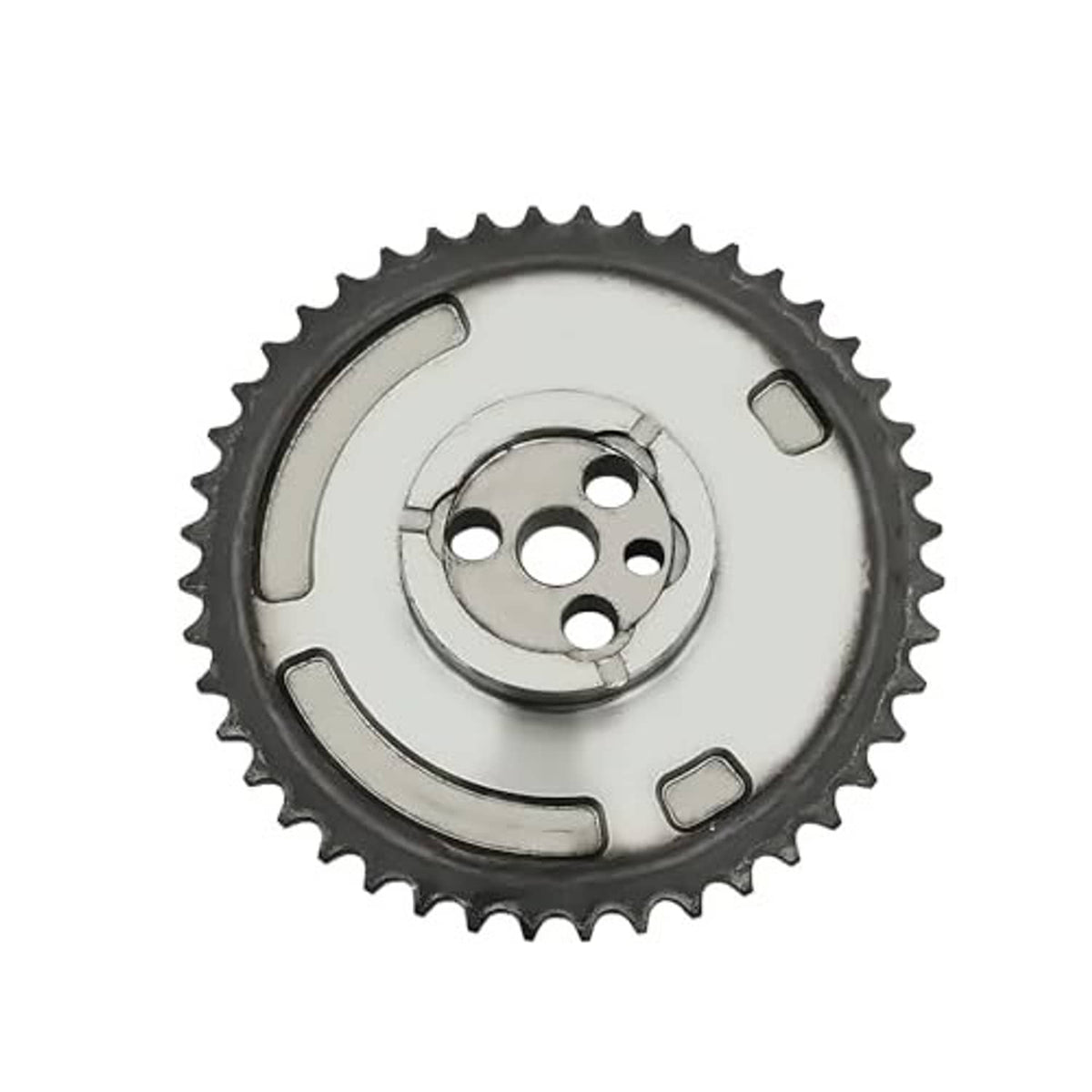 Engine timing camshaft sprocket gear with teeth, curved slots, and 3-bolt center plate
