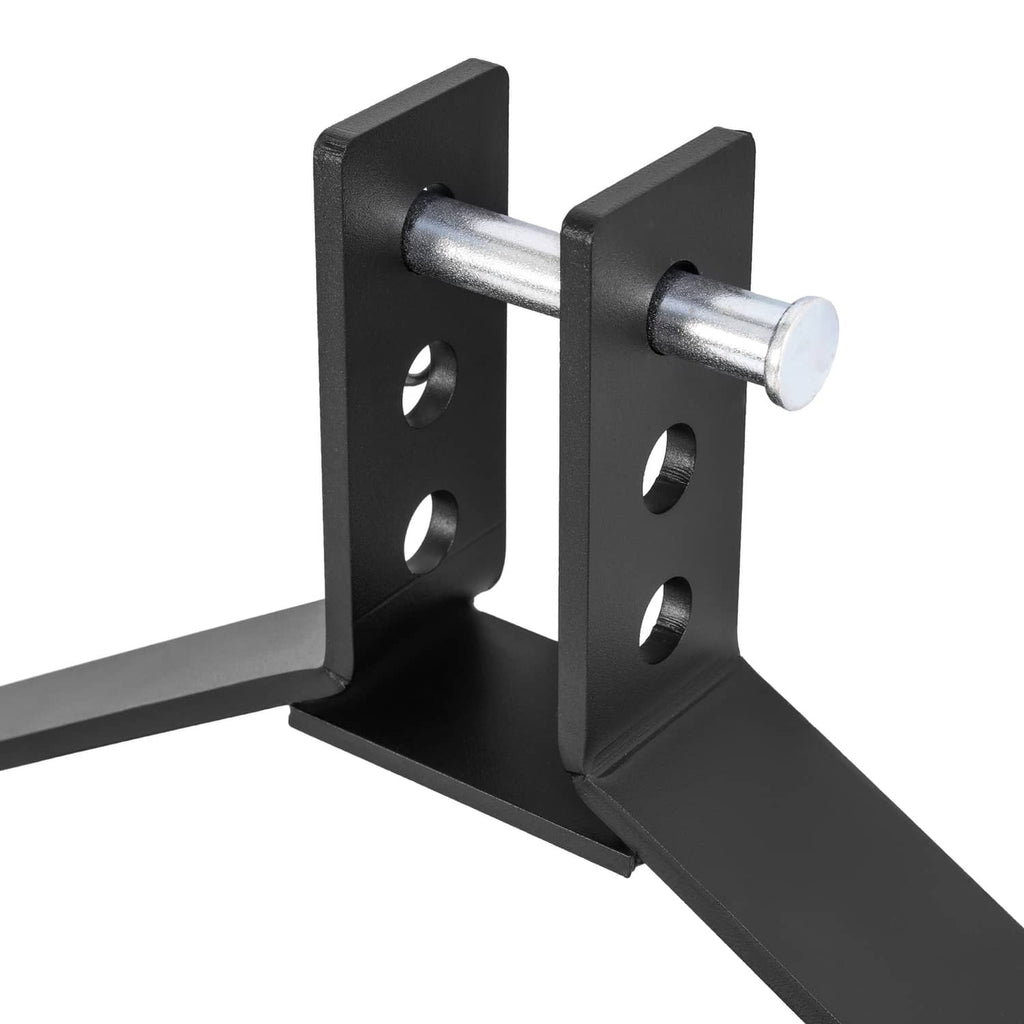 Black steel hitch bracket for scraper blade with silver pin and linkage