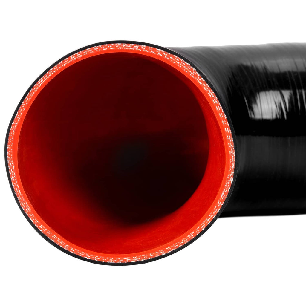 Black silicone hose elbow showing red inner bore and outer textured surface