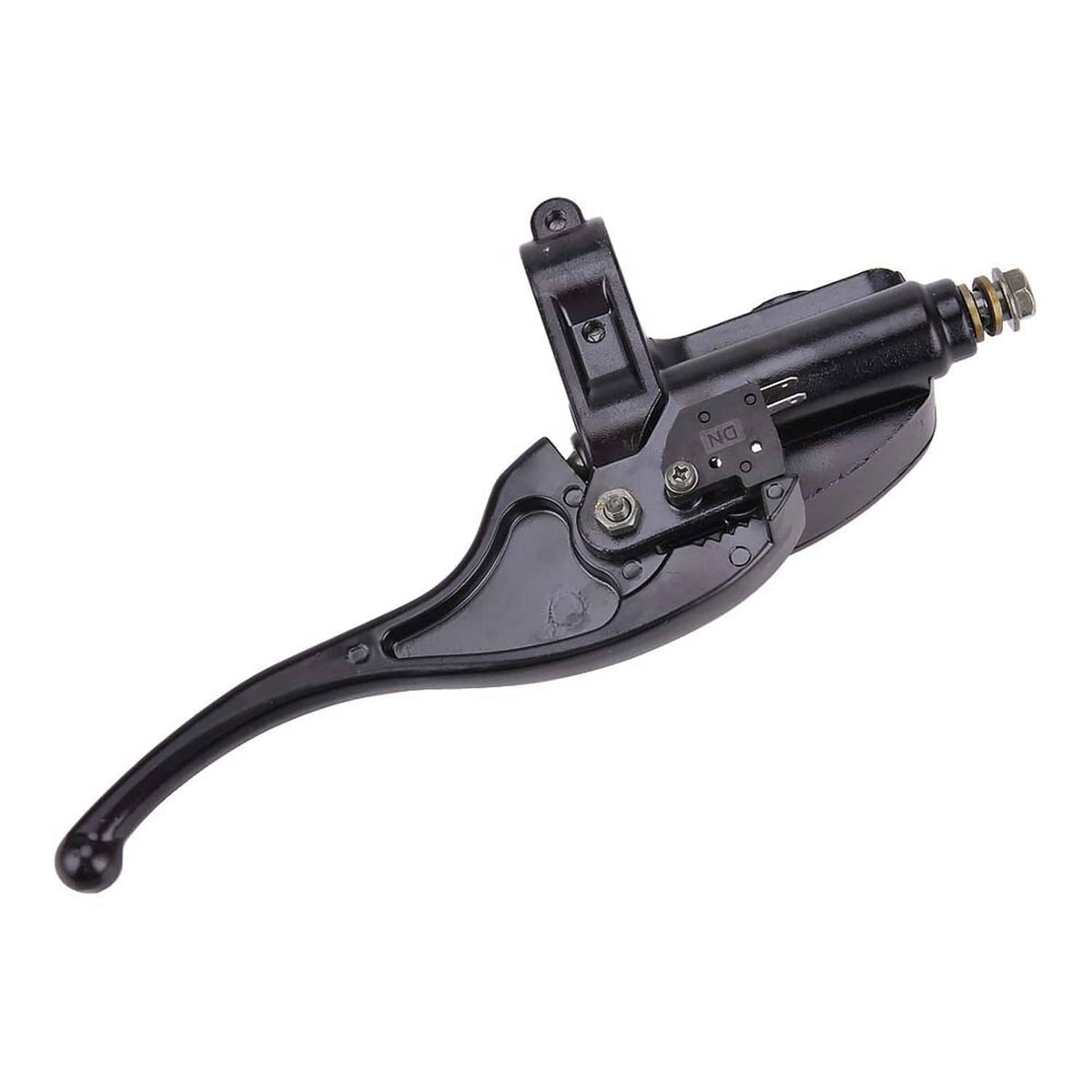 Brake master cylinder with black housing and lever, bracket and fasteners visible