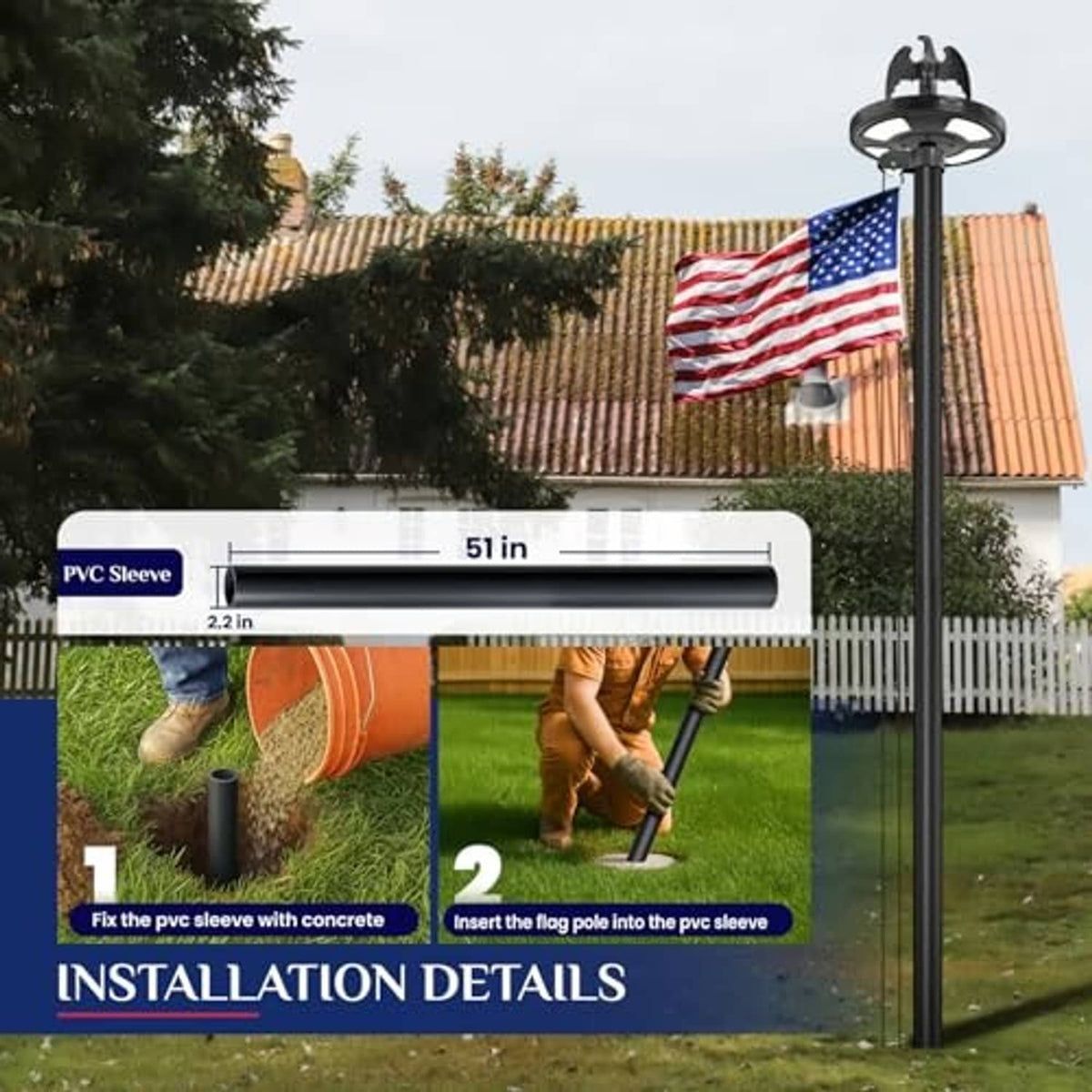 In-ground flag pole installation with PVC sleeve and concrete base for the solar light post