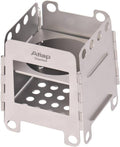 Foldable titanium wood-burning camping stove with perforated side panels and support frame