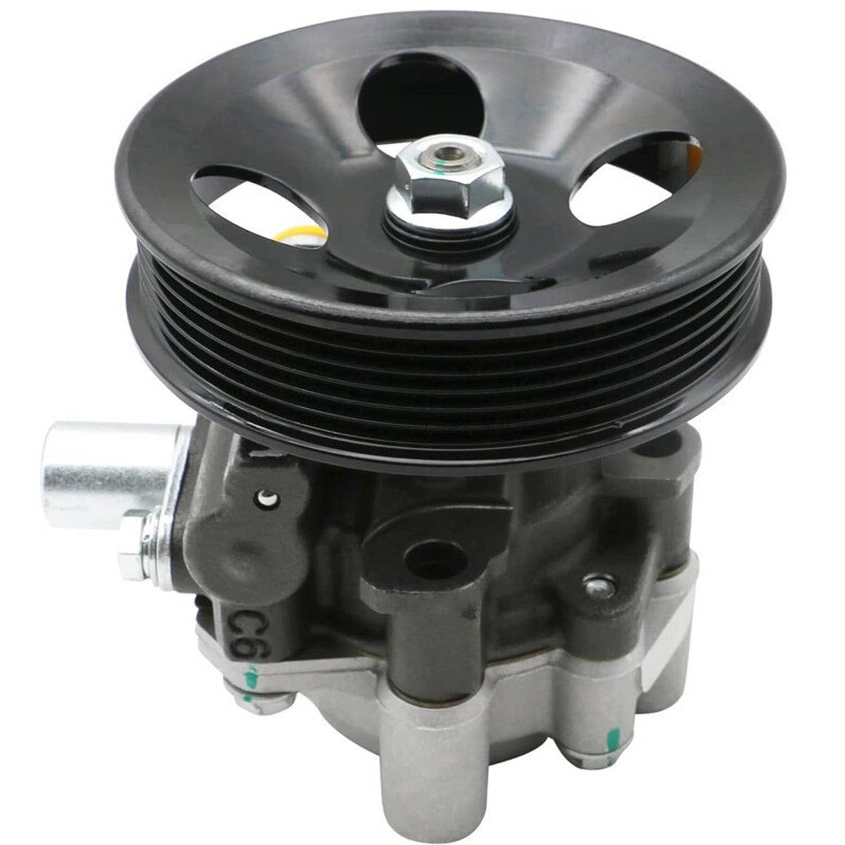 Power steering pump with black pulley and yellow-tinted inlet cap