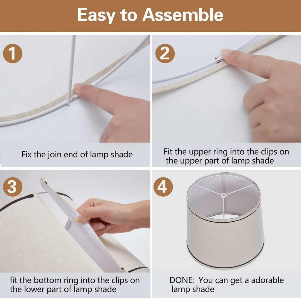 Lamp shade assembly steps showing upper ring and bottom ring clips