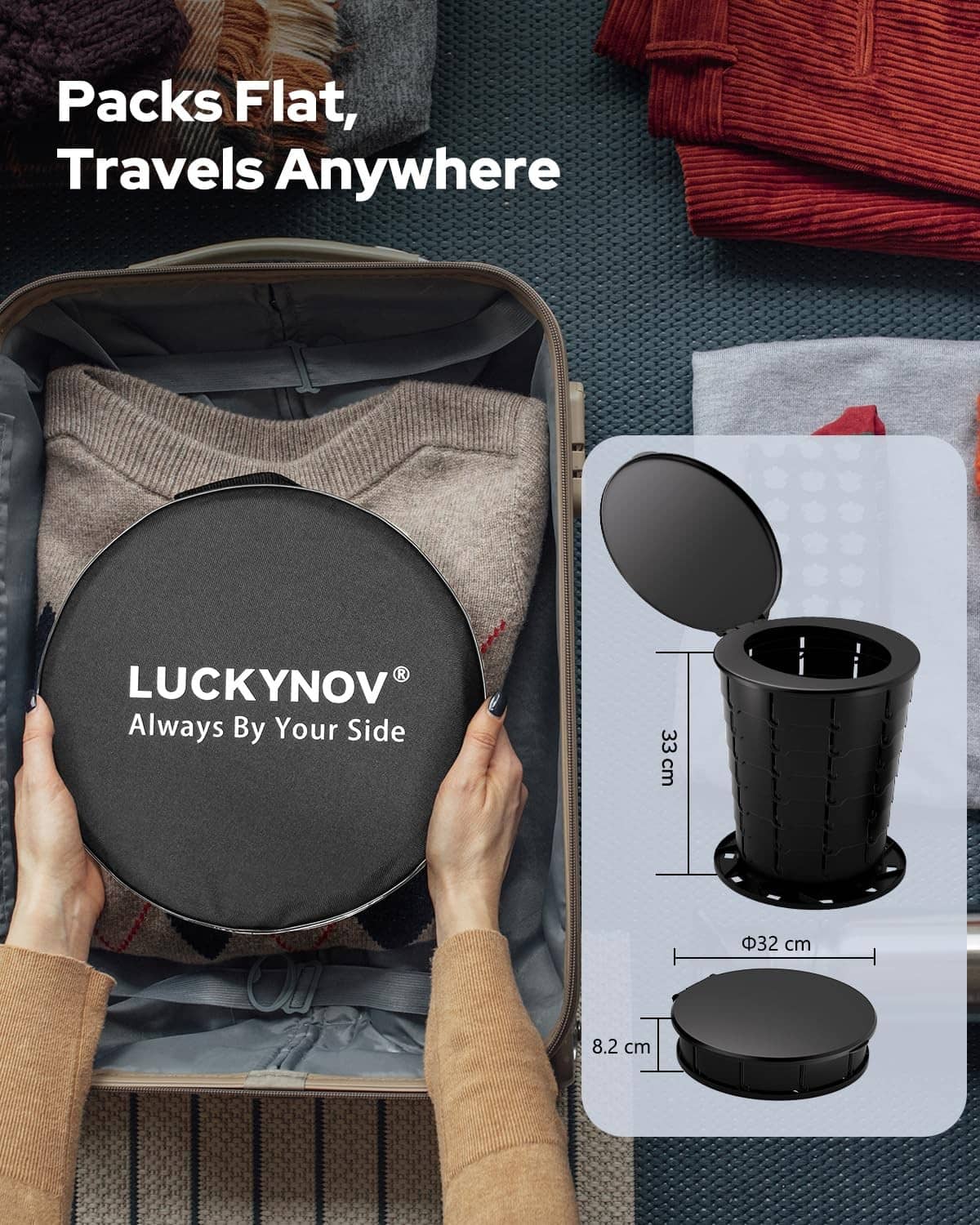 Black folding portable toilet packed flat in round carrying case