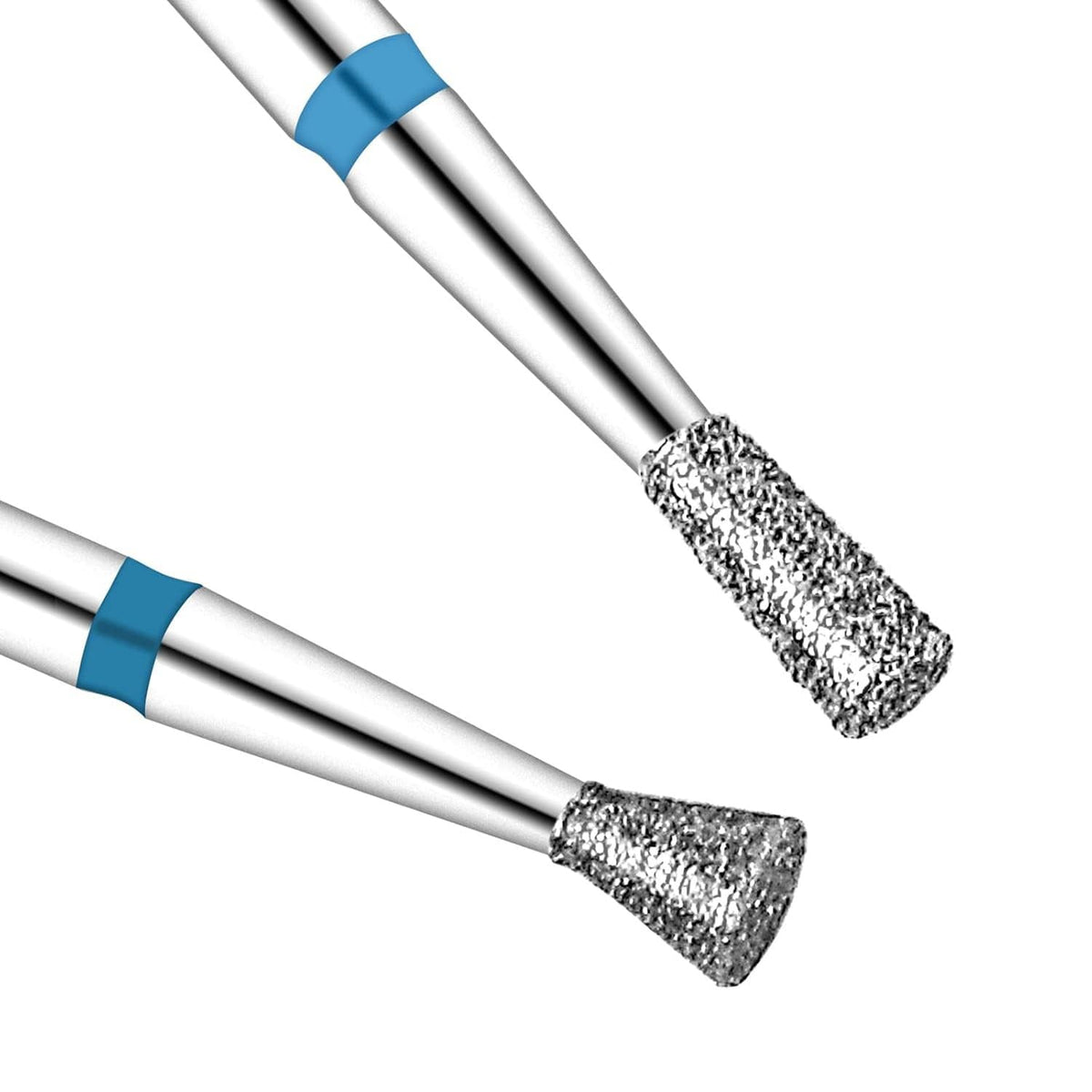 Two diamond nail drill bits with blue ring bands, silver shanks, textured grinding heads