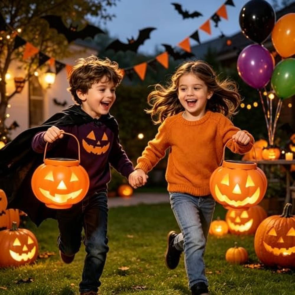 Two children holding glowing orange pumpkin solar lanterns with jack-o'-lantern faces