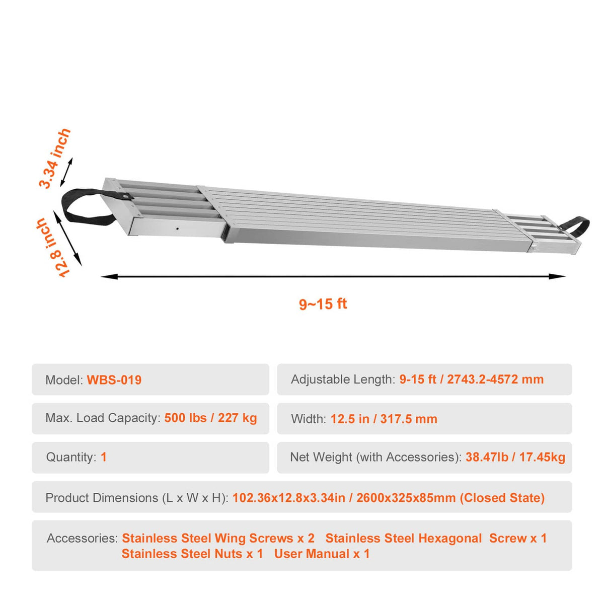 Gray adjustable scaffold plank, ribbed top, black lifting straps, and metal end supports