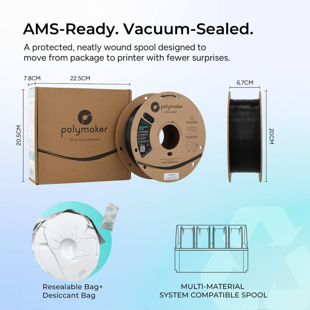 Vacuum-sealed PETG filament spool set with brown box and black filament reel