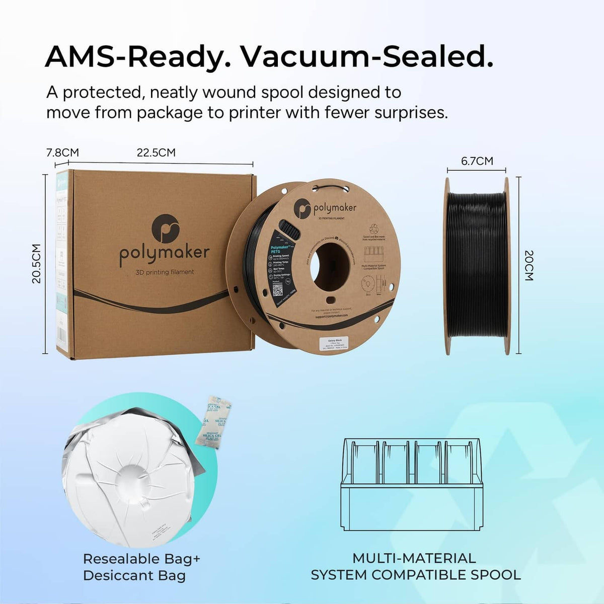 Vacuum-sealed PETG filament spool set with brown box and black filament reel