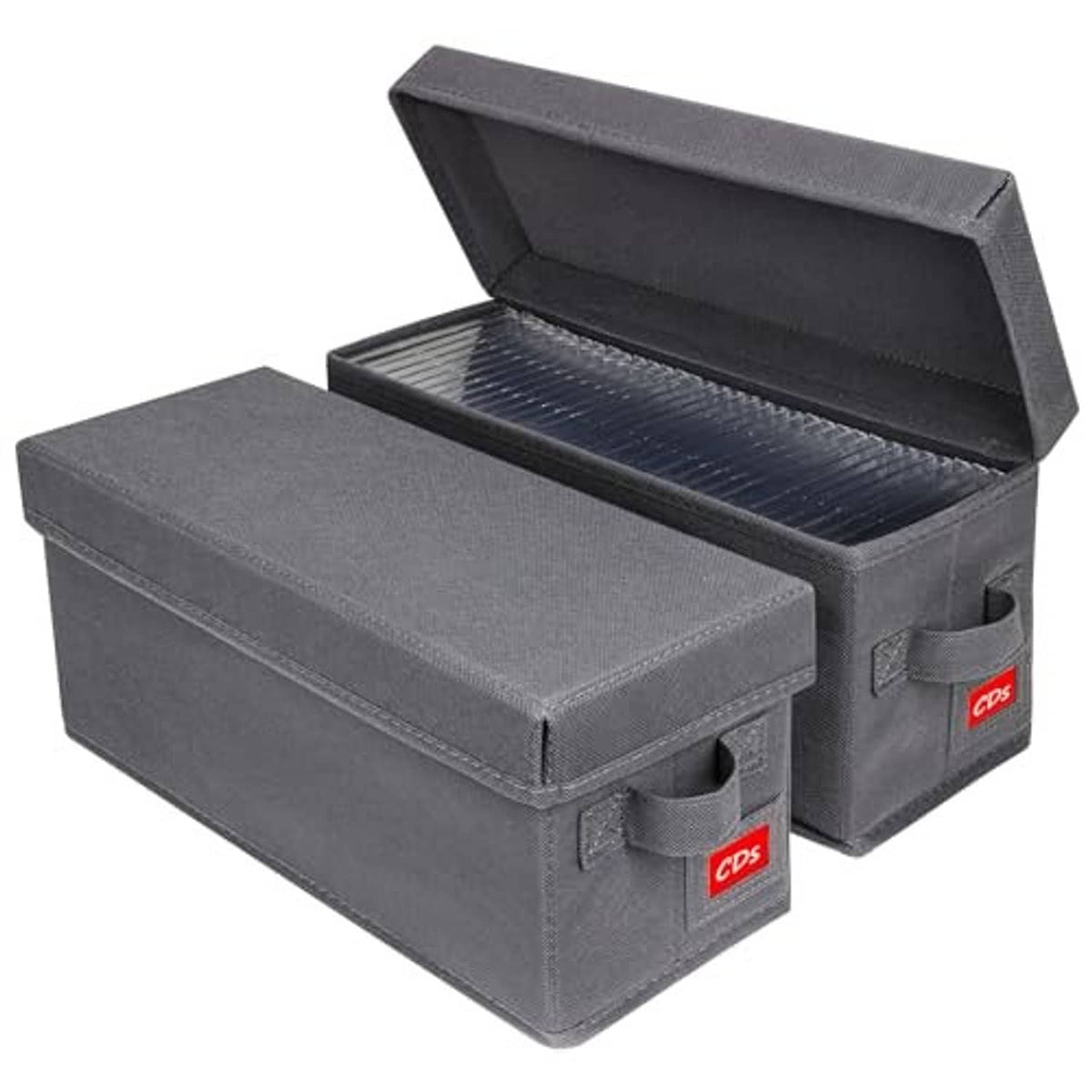 Pair of gray CD storage boxes with open lids, revealing lined CD holder slots