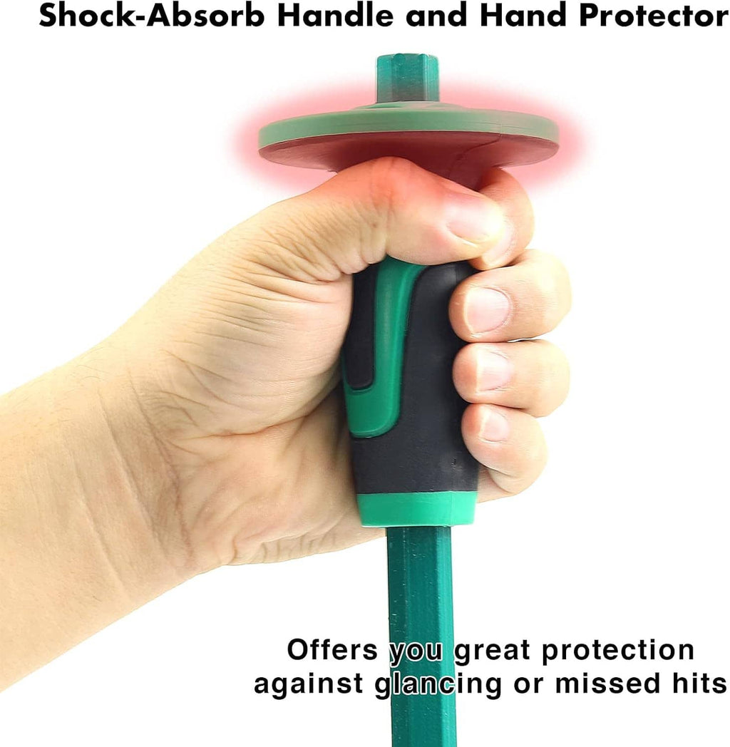 Masonry chisel with hand guard, teal and black shock-absorb handle, flat chisel tip