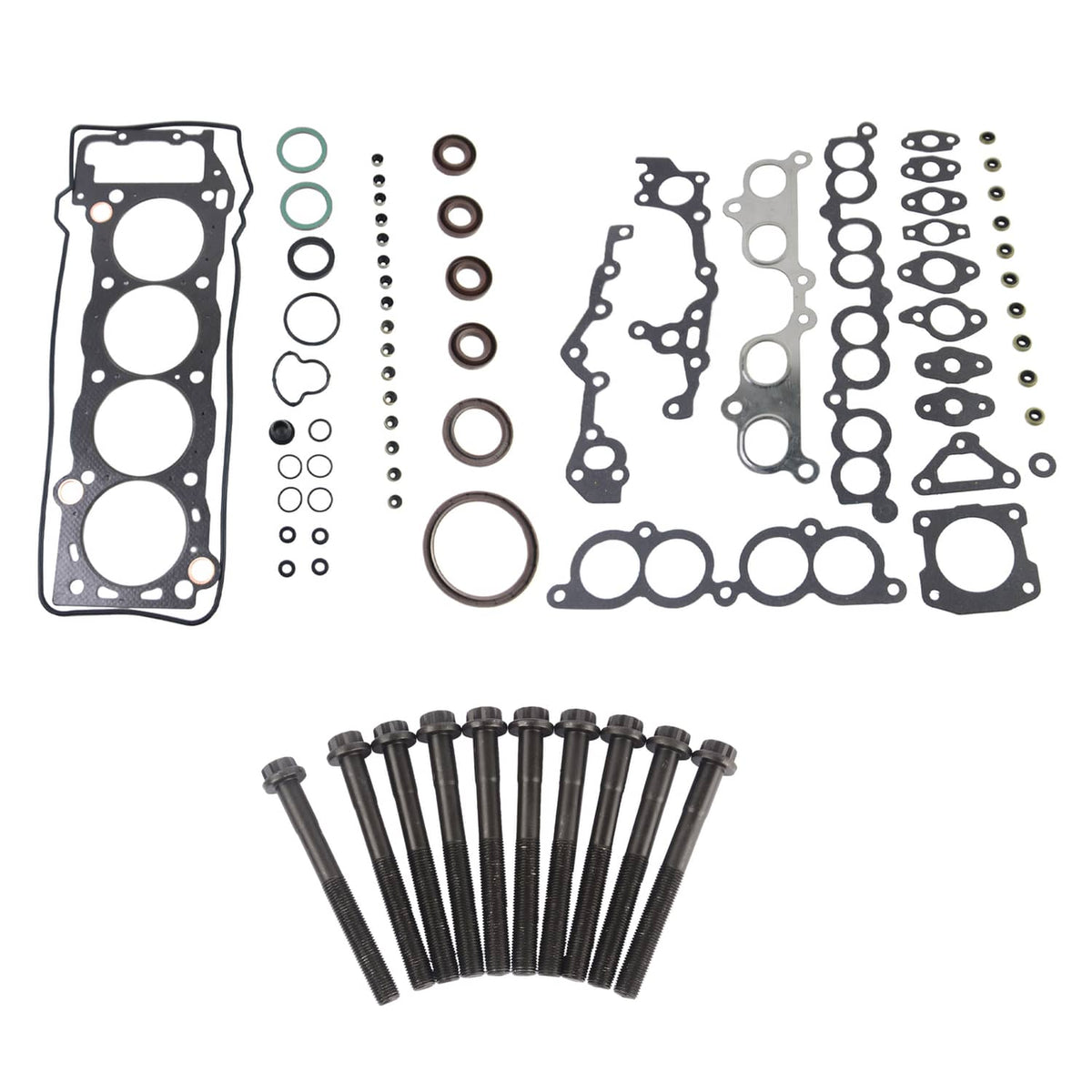 Engine head gasket set with bolts, laid out: gaskets, washers, rings, and hardware.