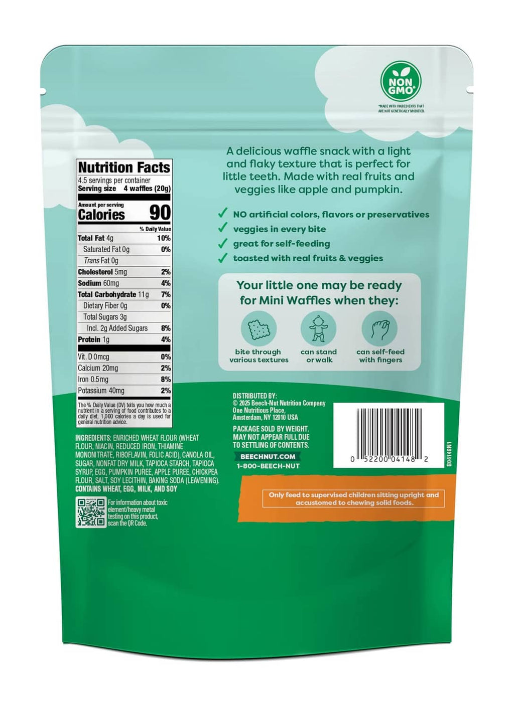 Beech-Nut mini waffles snack bag with Nutrition Facts and ingredients panel on the back