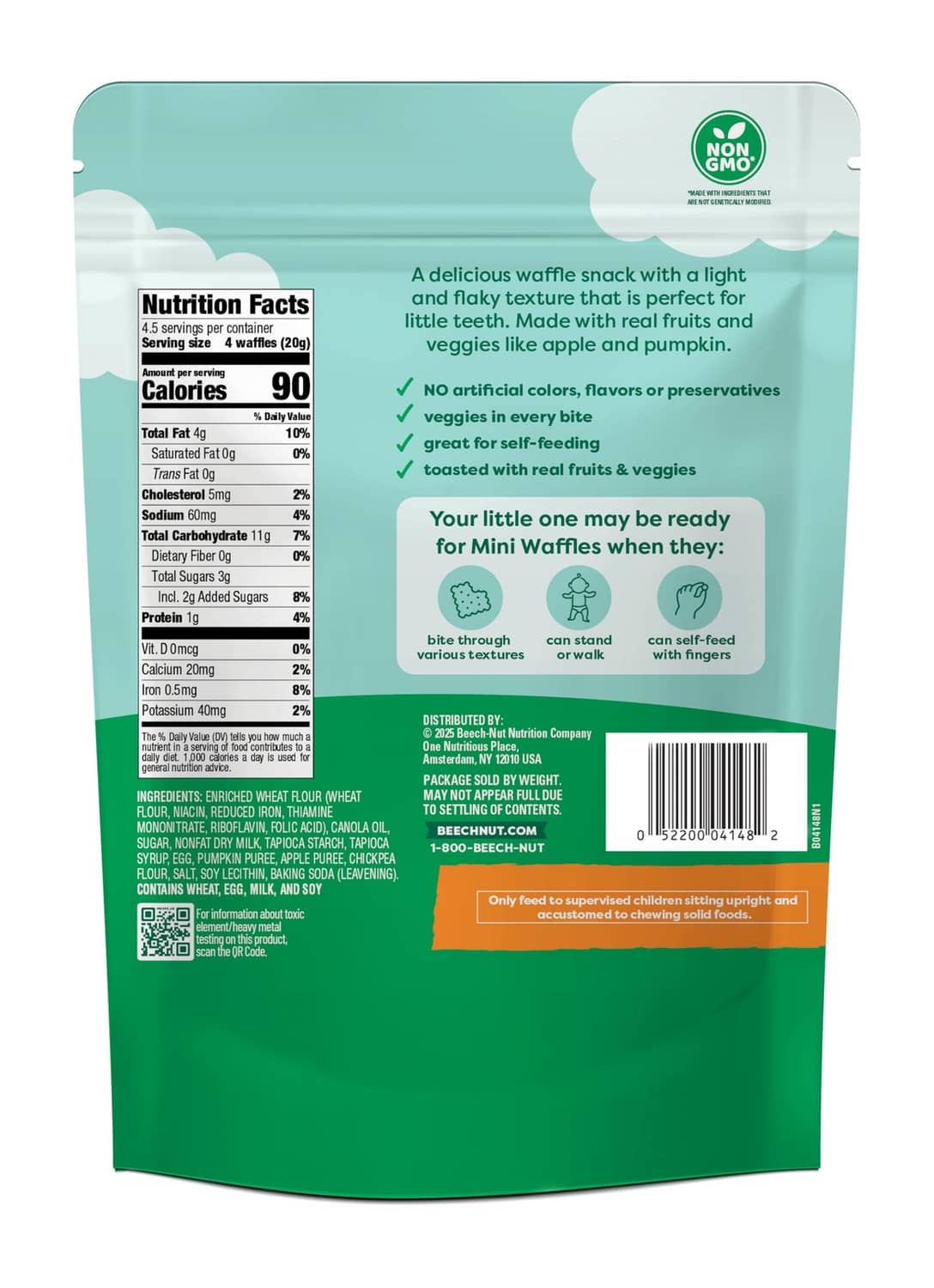 Beech-Nut mini waffles snack bag with Nutrition Facts and ingredients panel on the back