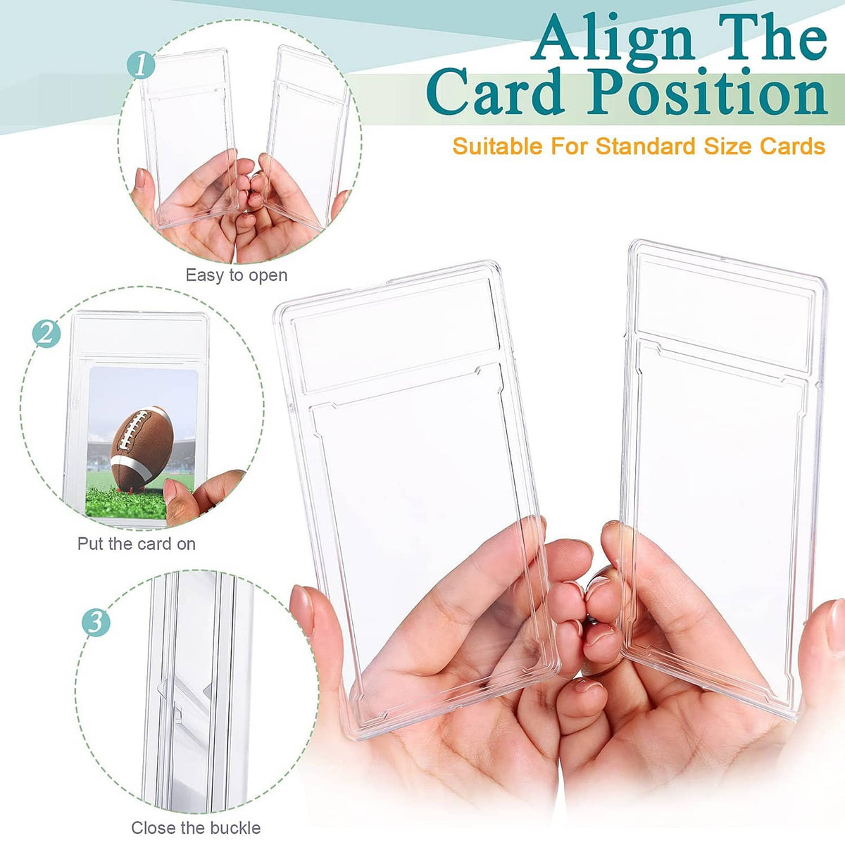 Open clear acrylic card protector case with hands aligning a trading card.