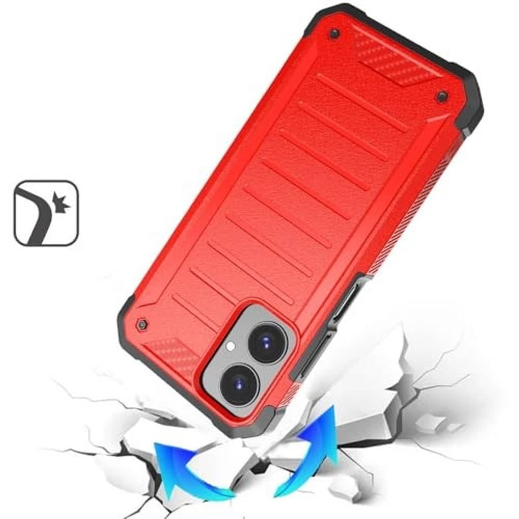 Red rugged phone case with textured back and dual camera cutouts
