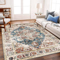 Rectangular vintage-style area rug with distressed medallion pattern, beige base and blue accents