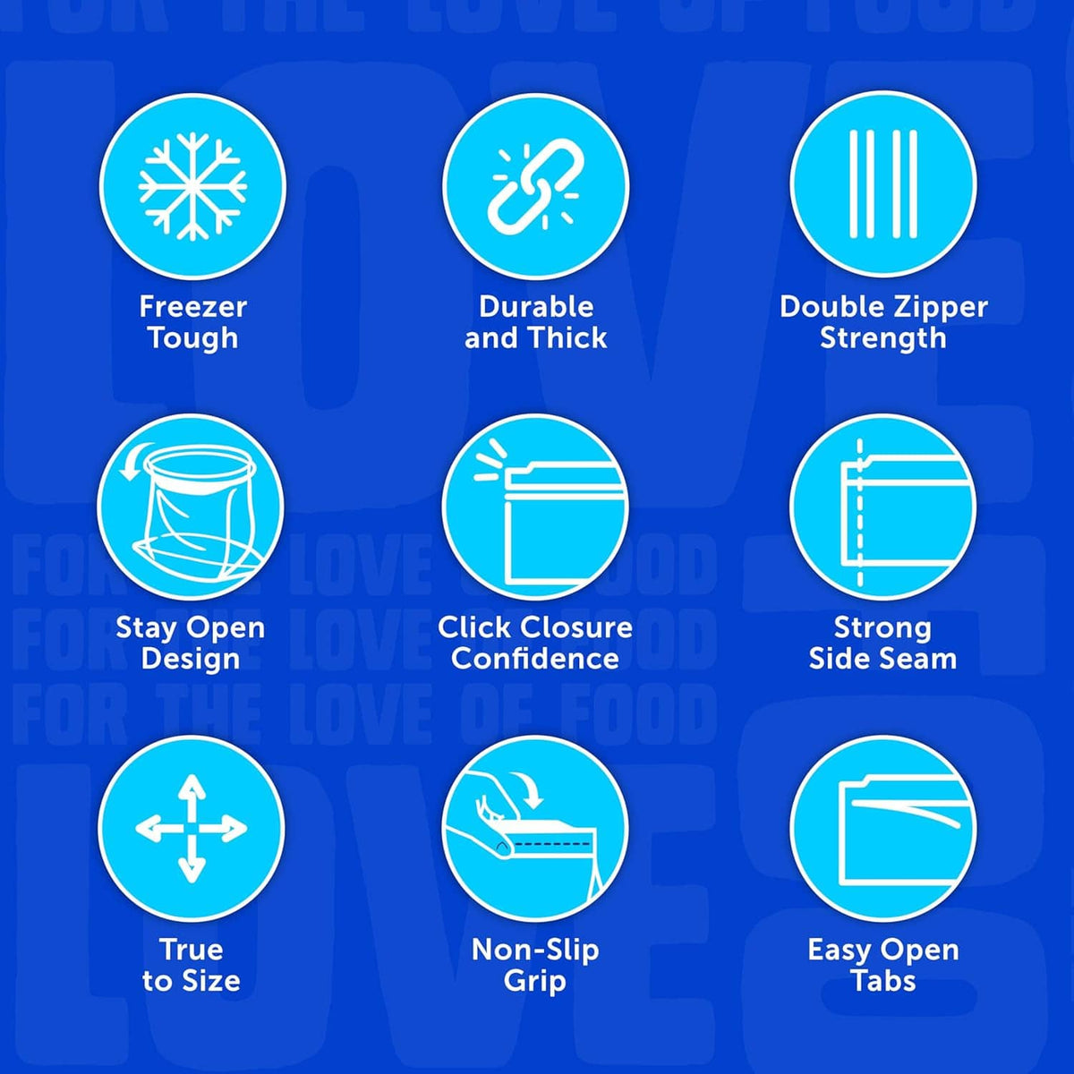 Ziploc freezer bag feature icons: stay-open design, double zipper strength, easy open tabs