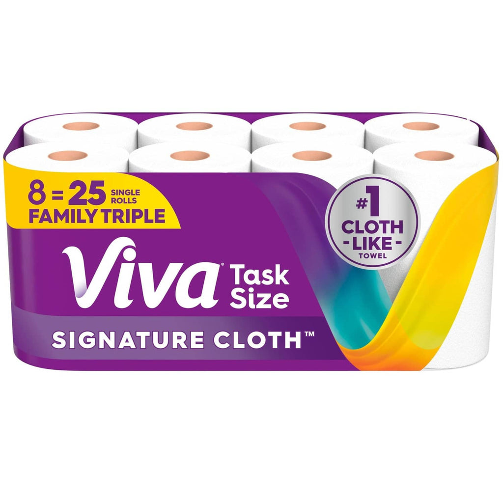 Viva Signature Cloth paper towels pack with white rolls in purple and yellow wrap