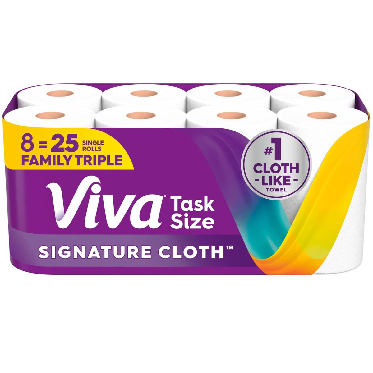 Viva Signature Cloth paper towels pack with white rolls in purple and yellow wrap
