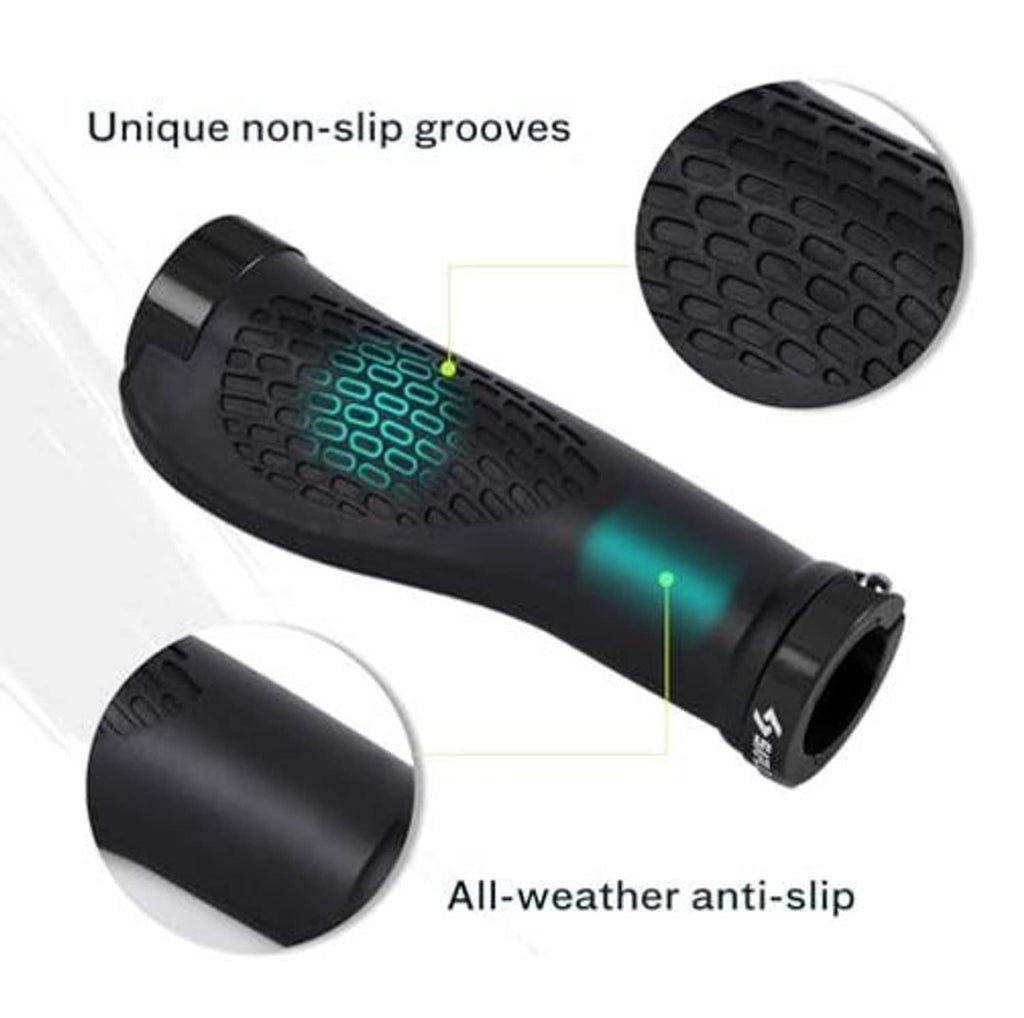 Black non-slip grooved bike handlebar grips with plastic end caps