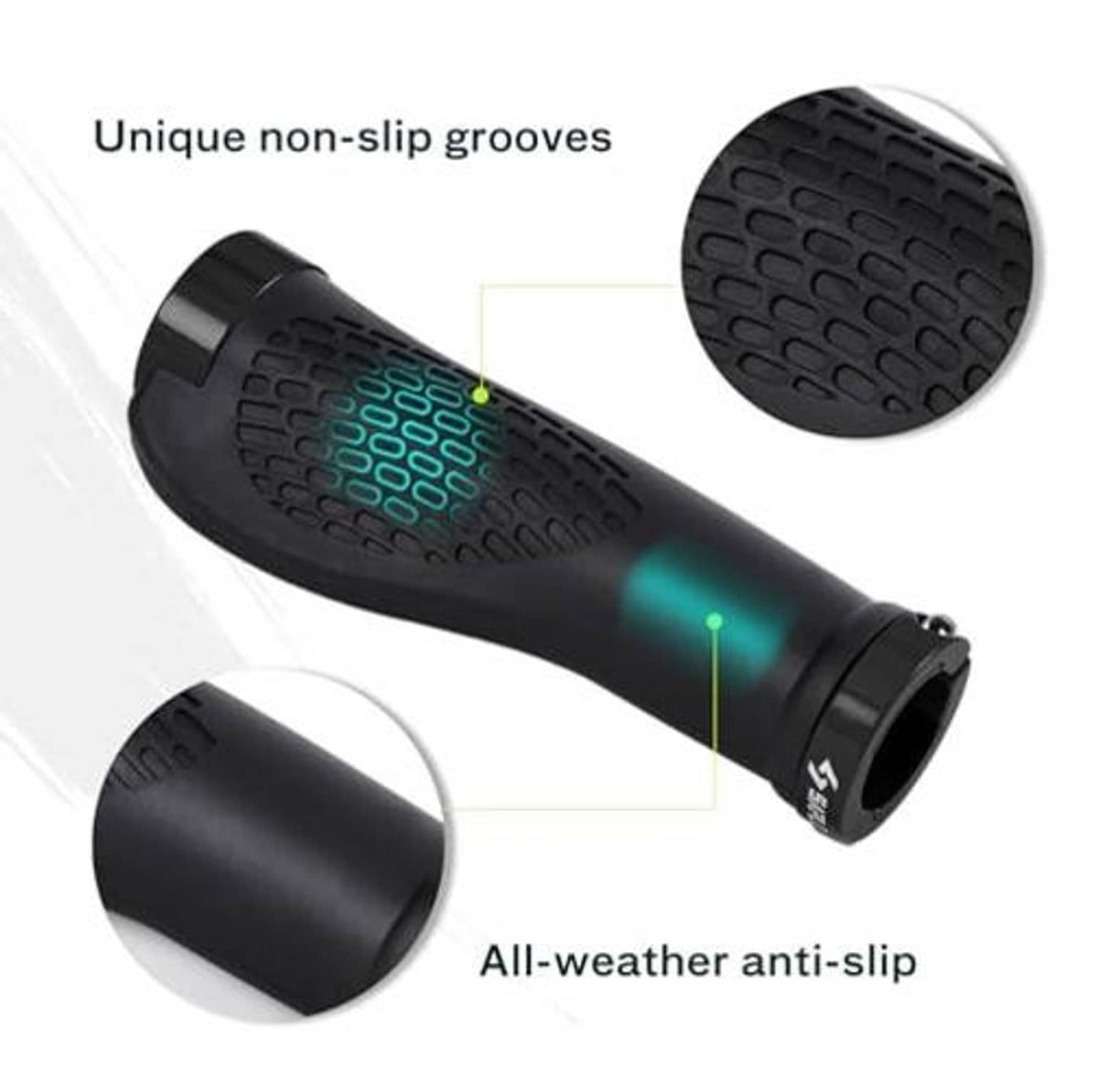 Black non-slip grooved bike handlebar grips with plastic end caps