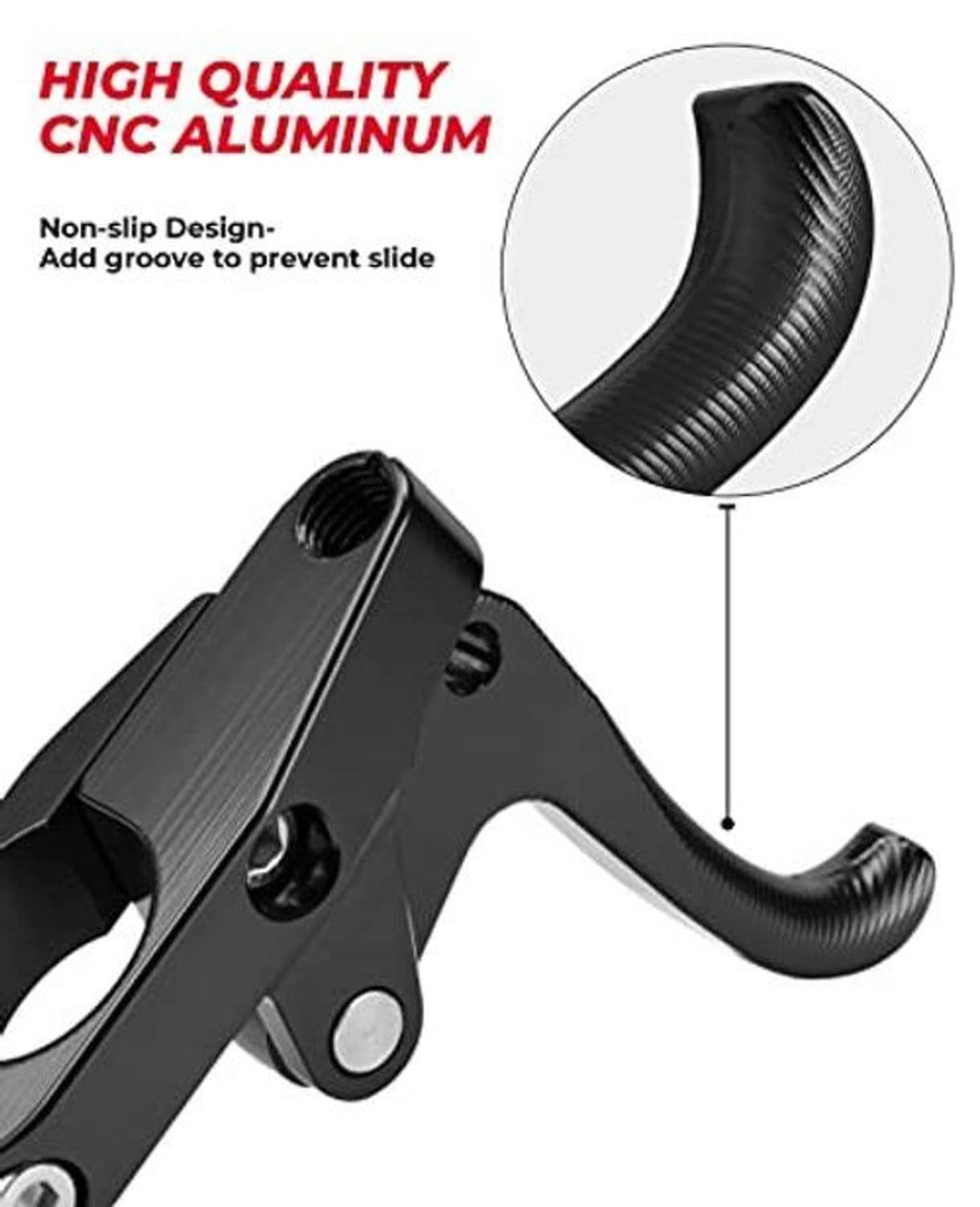 Black CNC aluminum throttle lever with textured, non-slip ribbed curved grip