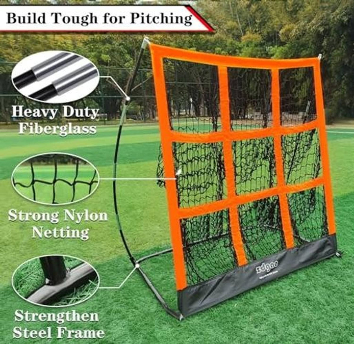 Orange pitching net with green netting on metal frame, square target grid