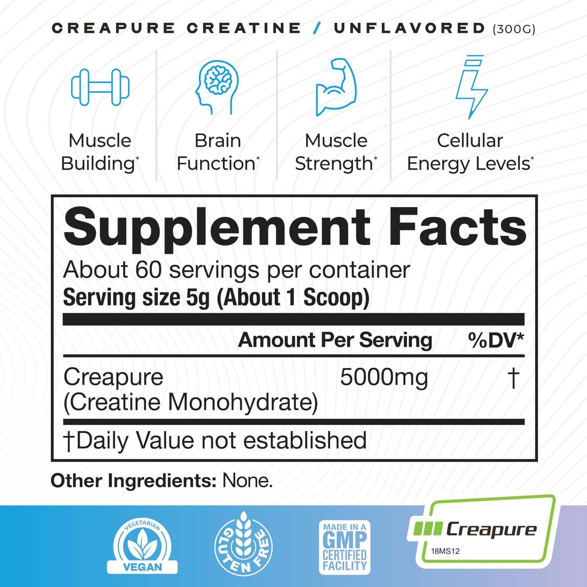 Supplement facts for creatine monohydrate powder: 5g serving, 5000mg per scoop