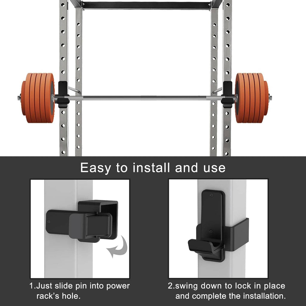 Black power rack J-hooks that slide into holes and swing down to lock