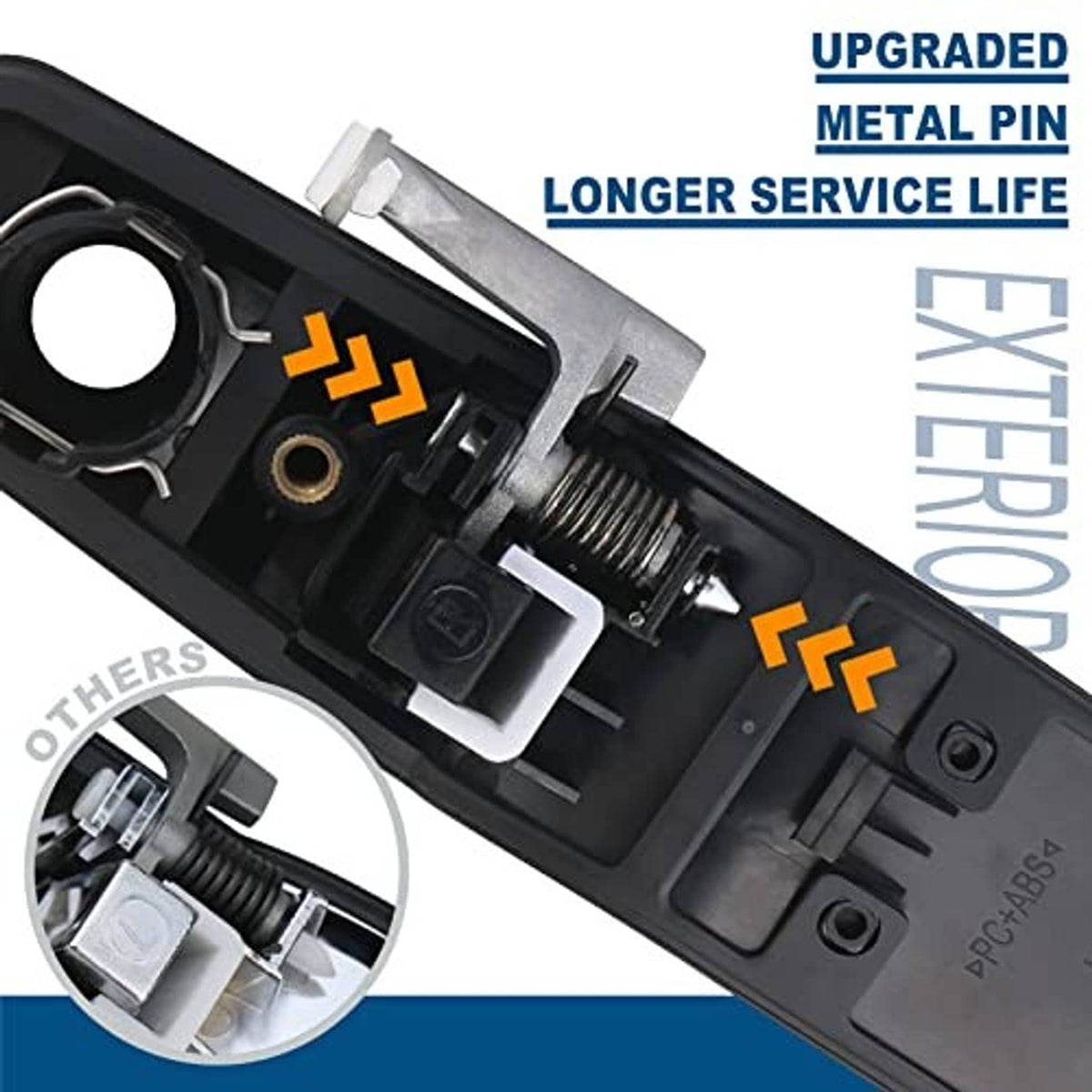 Black exterior door handle with exposed metal pin and spring mechanism