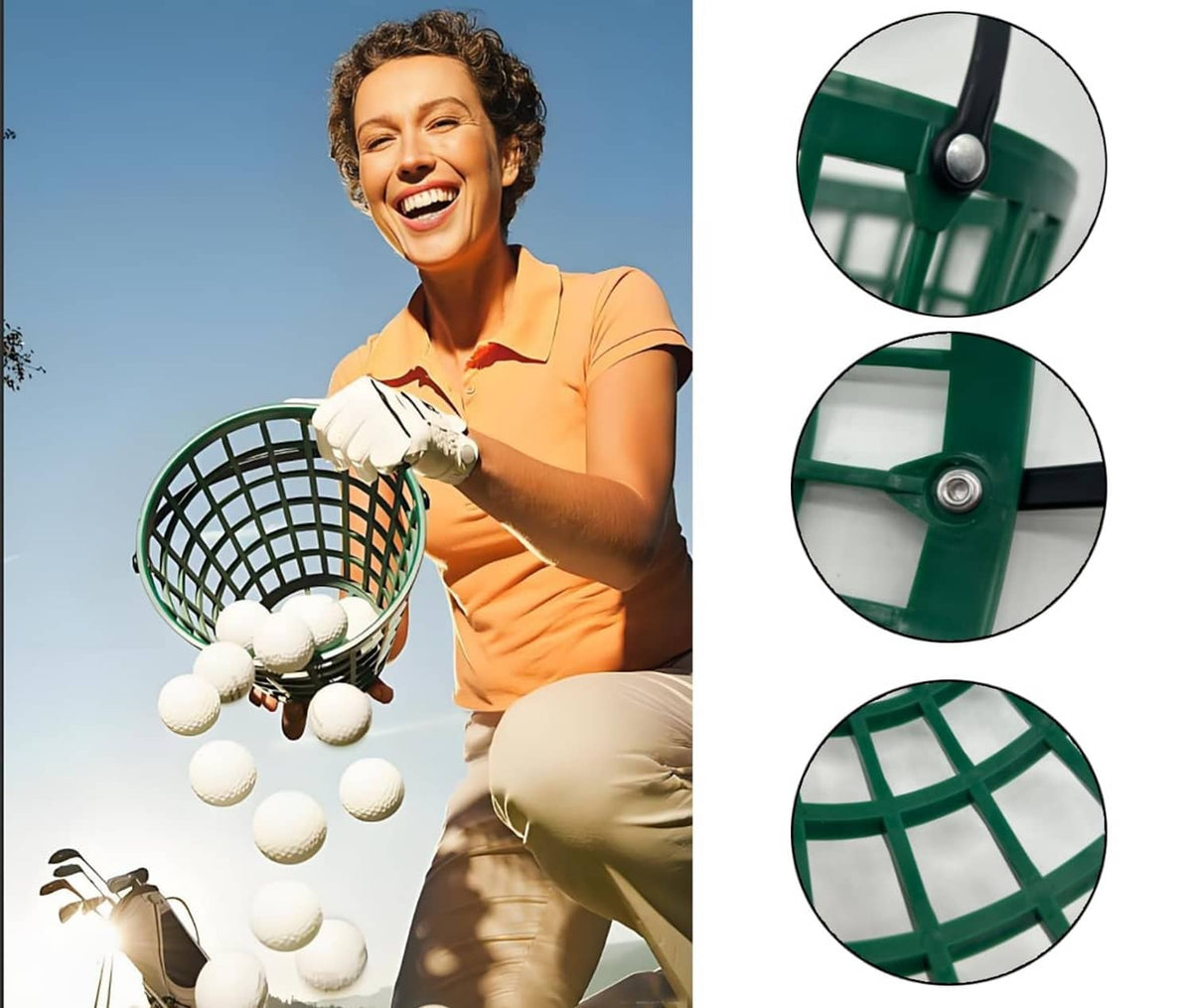 Green golf ball basket with curved handle and close-up hinge detail