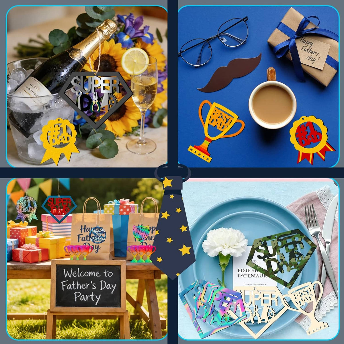 Unfinished wooden Father’s Day ornaments with ribbon and table styling, mixed shapes