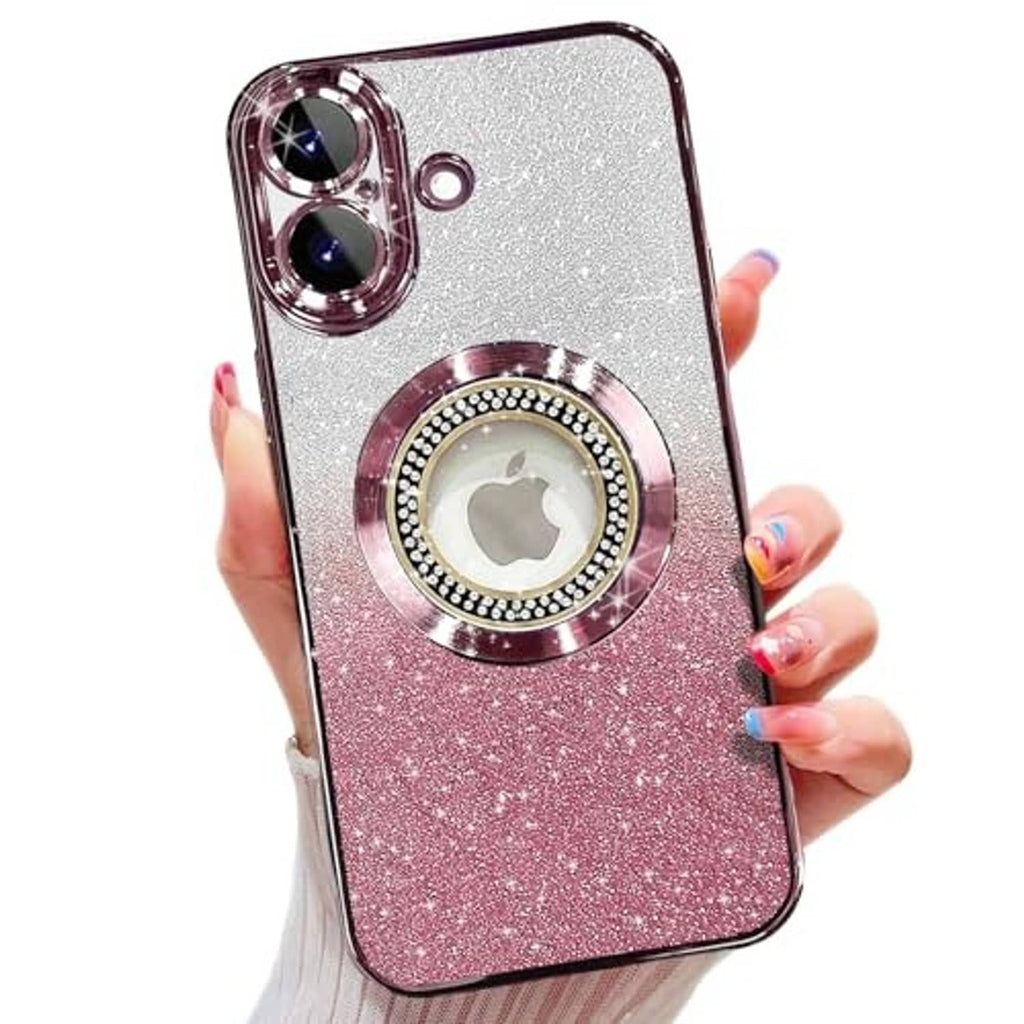 Pink glitter phone case with circular rhinestone magnetic ring and dual camera cutouts