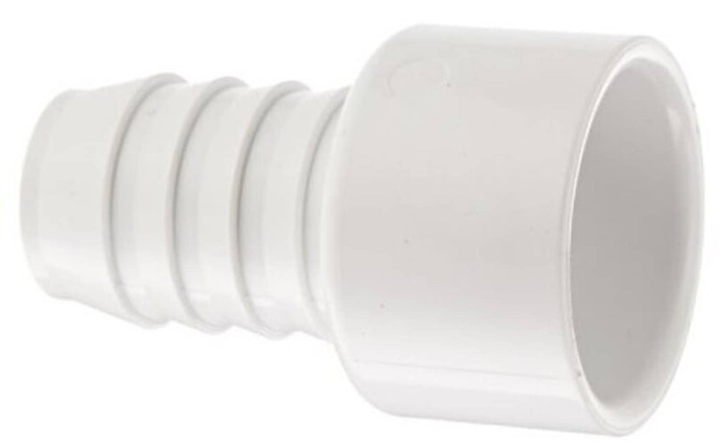 White PVC barbed pipe adapter fitting, flared socket end and ridged barb