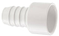 White PVC barbed pipe adapter fitting, flared socket end and ridged barb