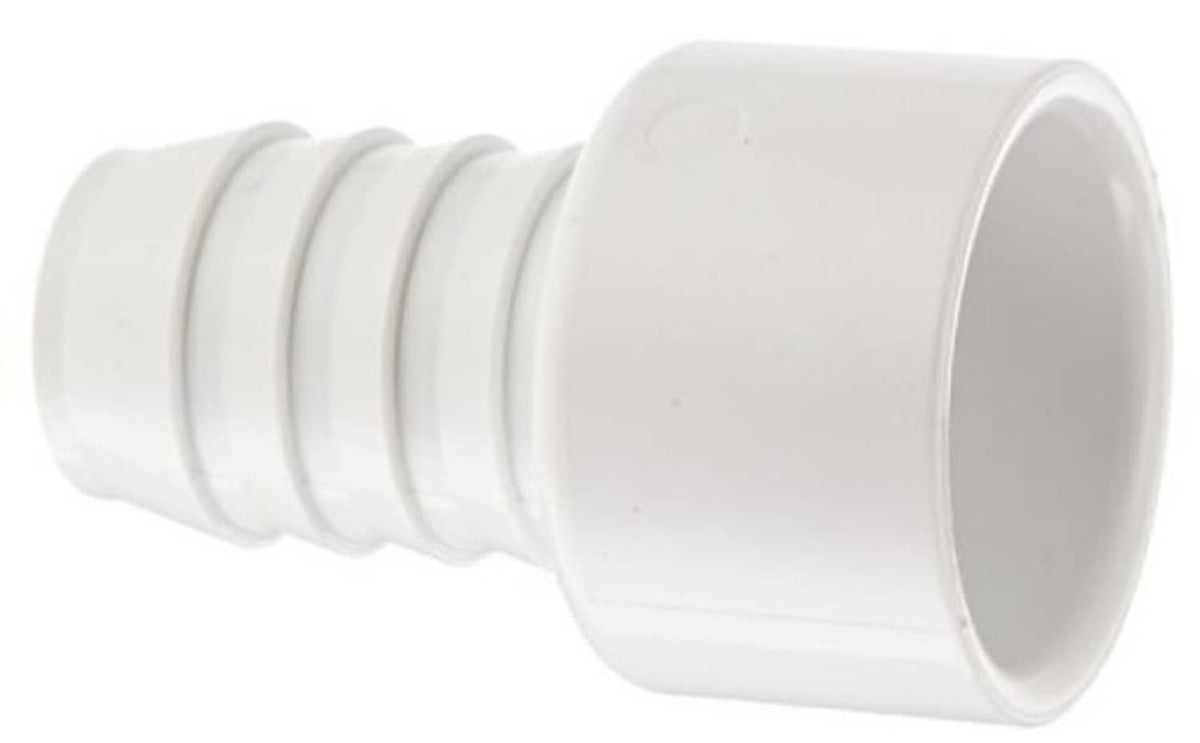 White PVC barbed pipe adapter fitting, flared socket end and ridged barb