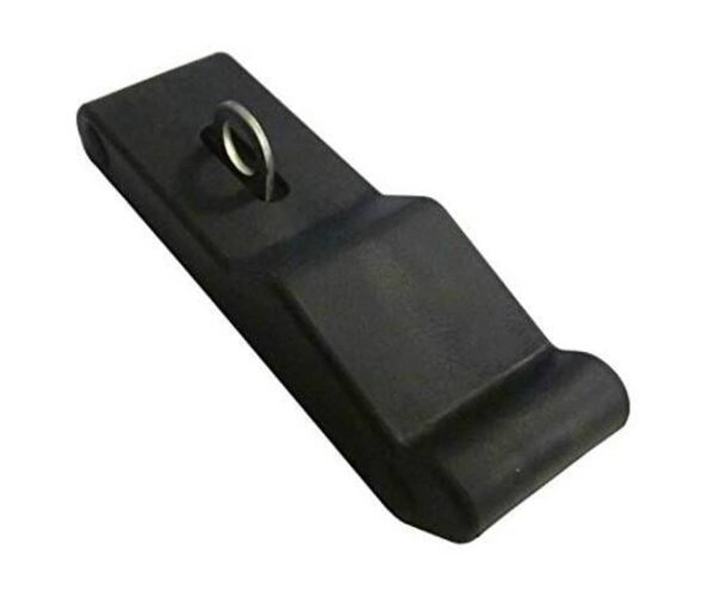 Front storage rack rubber latch with circular eyelet, black rubber bracket