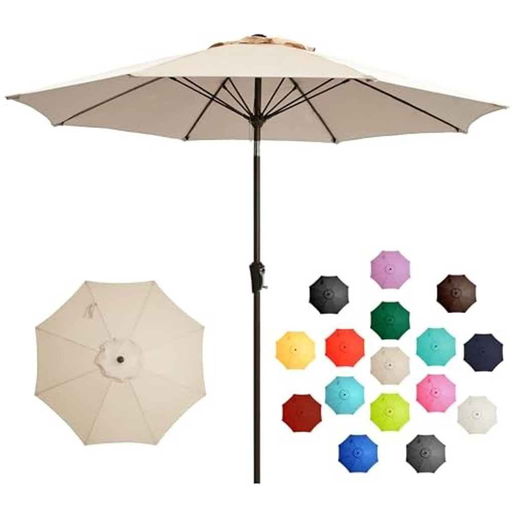 Taupe patio umbrella with crank stand pole and open canopy; upright center post