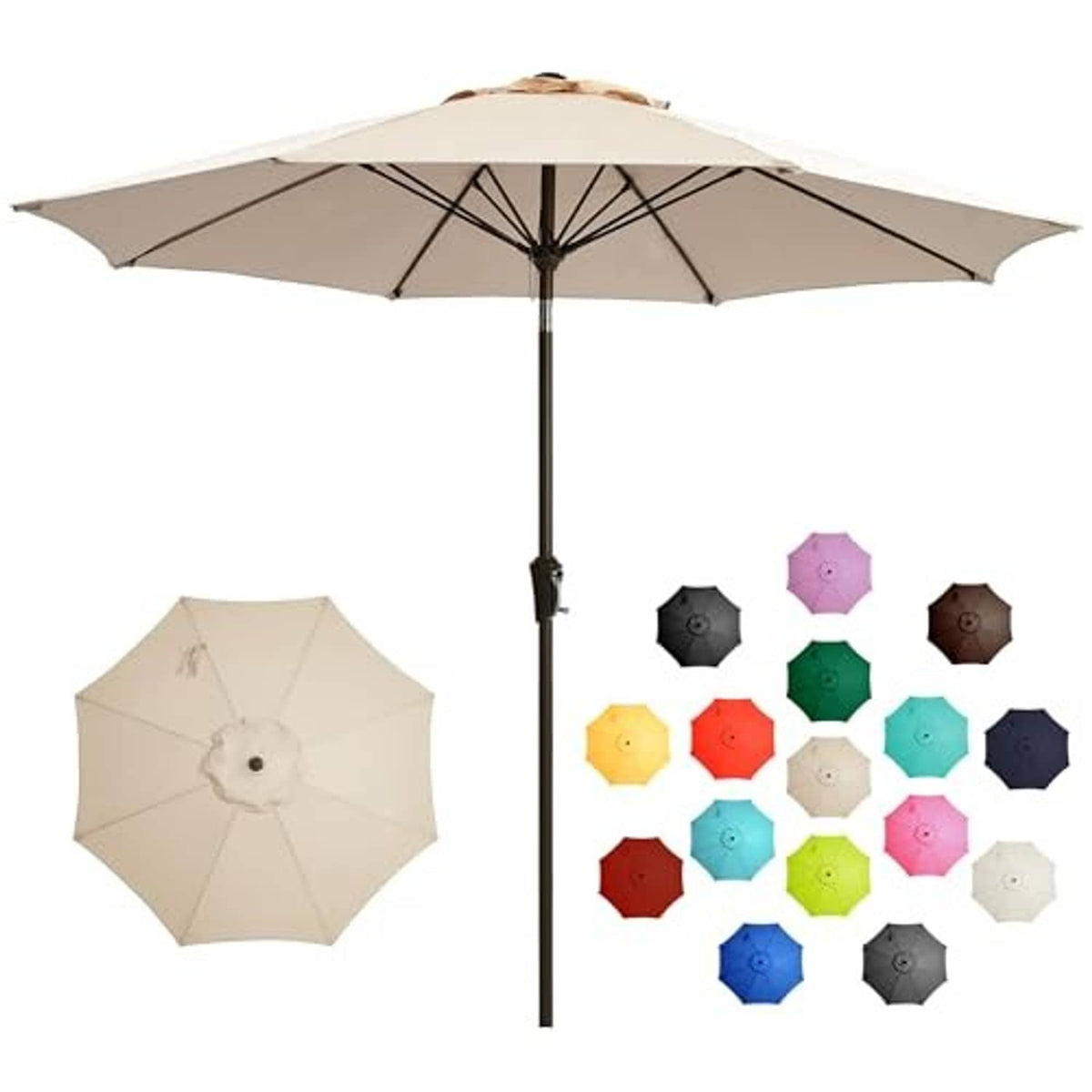 Taupe patio umbrella with crank stand pole and open canopy; upright center post