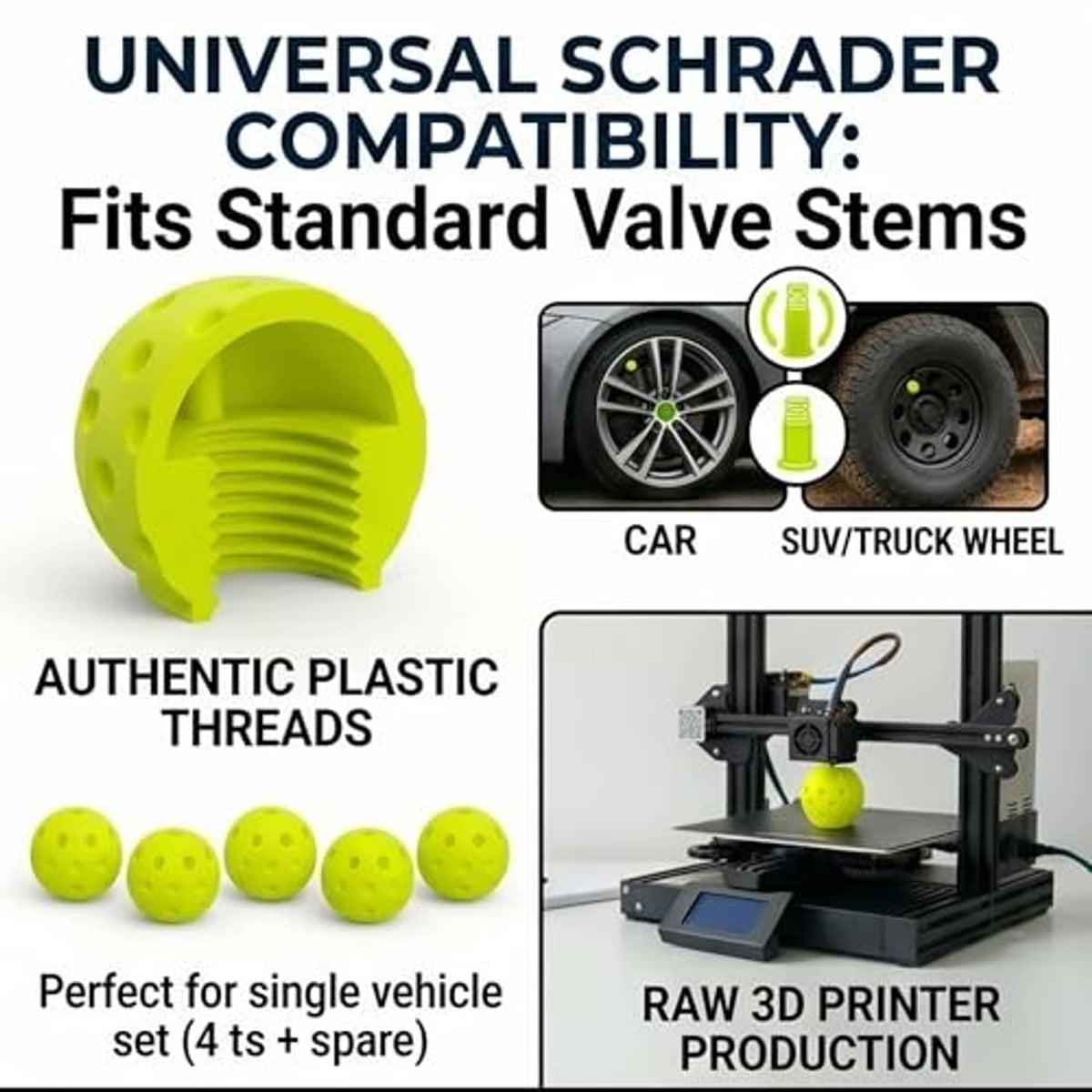 Lime-green universal valve stem cap with ridged threads and ball-like dot texture.