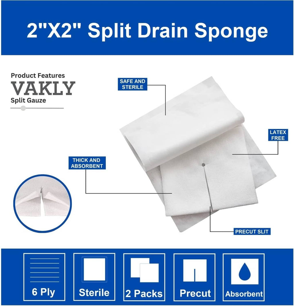 White 2x2 split drain sponge gauze pads, stacked layered sterile pre-cut